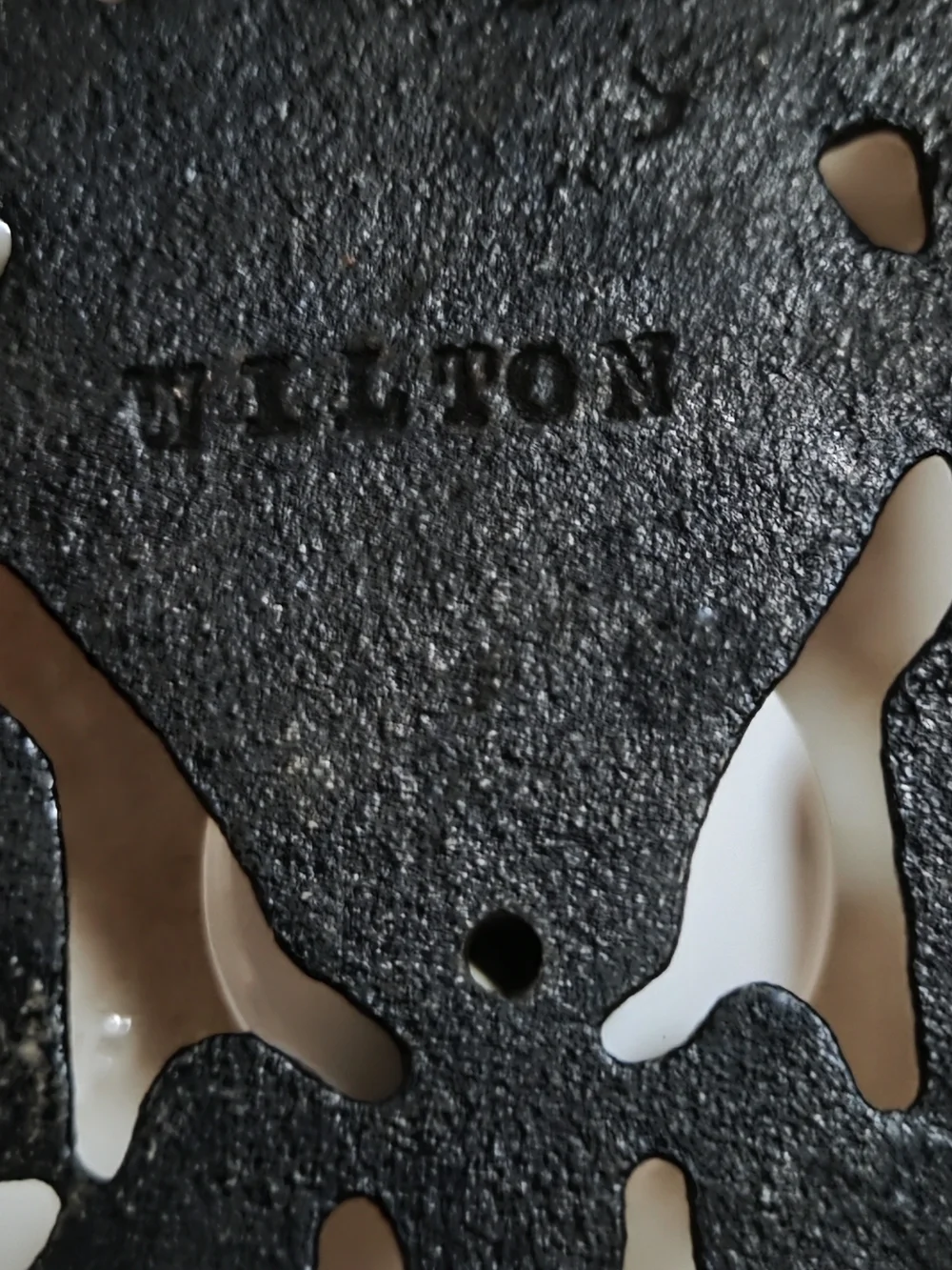 Vintage Wilton Black Cast Iron Small Trivet w/ Painted Brooms, Hearts & Birds